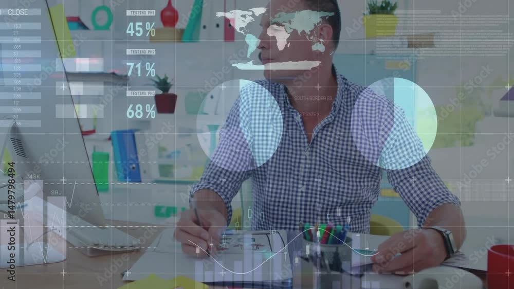 Poster business professional man working at desk, monitoring animated data graphs and world map overlays