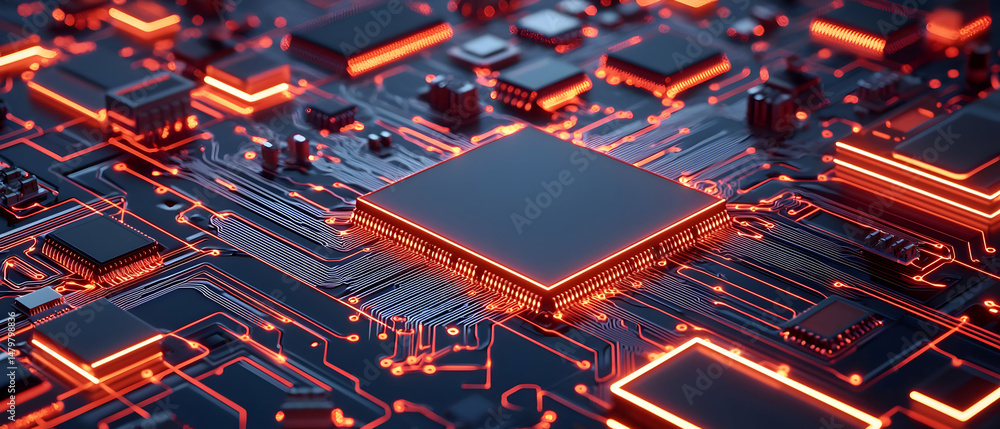 Poster high-tech circuit board design with glowing components