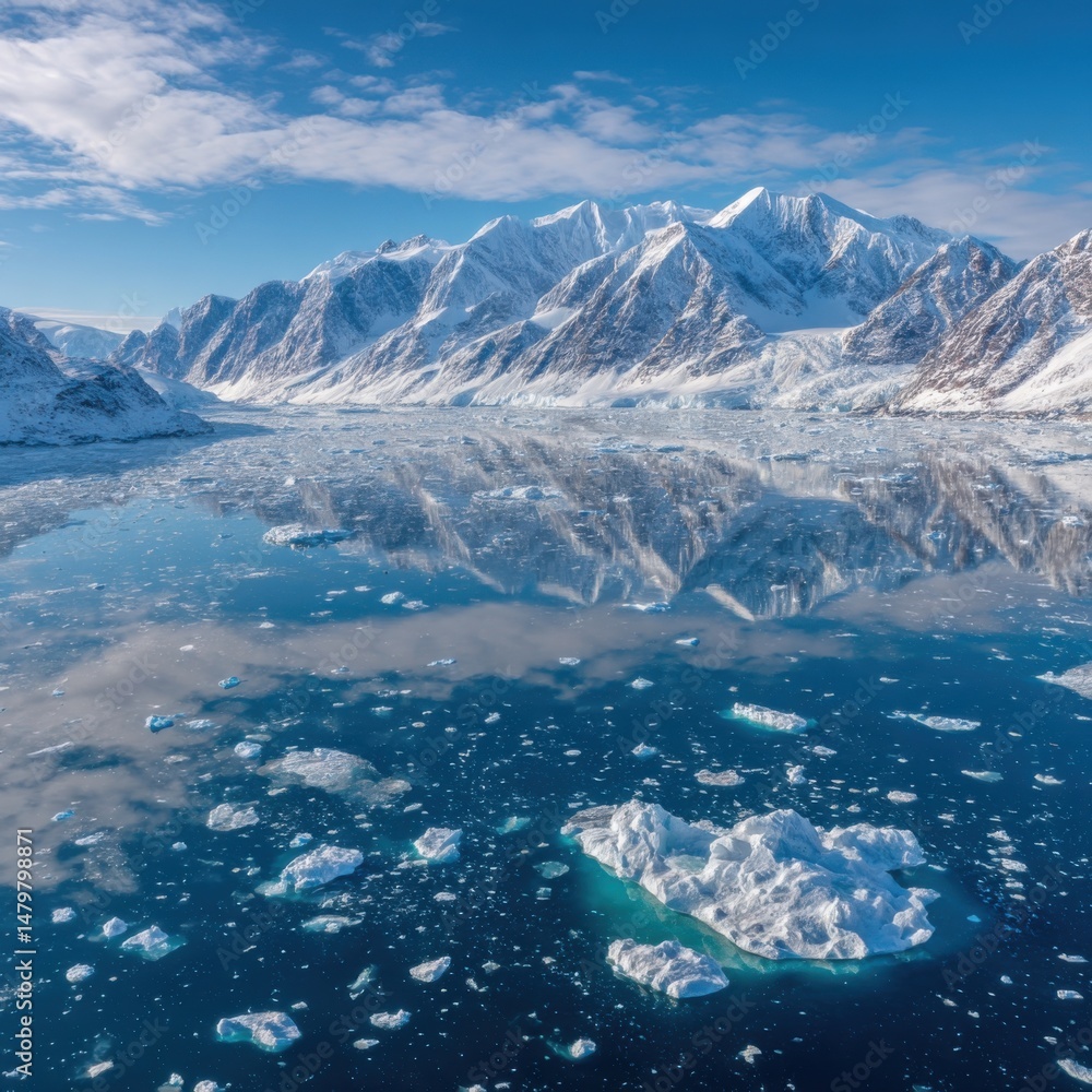 Aufkleber aerial view of iceberg floating in arctic waters with mountain range reflection in greenland