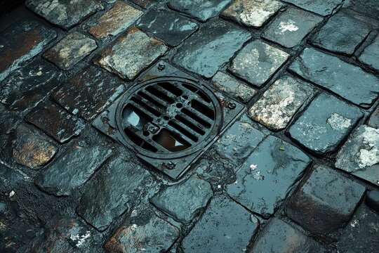 Cobblestone street with a dark metal drain cover, wet from the rain. It could illustrate urban infrastructure or themes about water management.