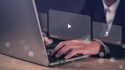 E-learning environment with a businessman attending an online lesson or seminar via laptop. Ideal for concepts of digital education, remote teaching, and online marketing training.