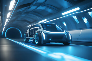 Futuristic electric vehicle navigating a neon-lit tunnel, showcasing advanced design and technology