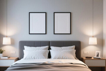 Minimalist bedroom interior with two framed blank posters above the bed, 3D rendering showcasing a clean, serene, and contemporary design.

