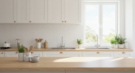 Bright minimalist kitchen featuring clean lines and natural wood countertop