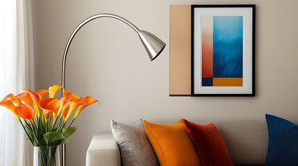 Minimalist living room corner with a sleek curved floor lamp, bold framed artwork, vibrant orange calla lilies in a glass vase.