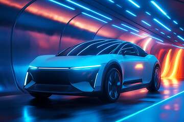 Naklejka premium Futuristic electric car illuminated by neon lights in a sleek tunnel environment