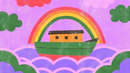Obraz premium Noah Ark Rainbow Flood Covenant Peace Promise Retro Pop Style Graphic