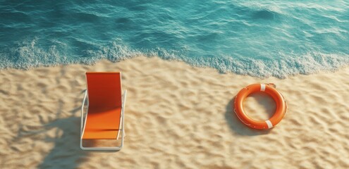 Obraz premium 3d beach scene with chair, umbrella, and swim ring on sand, summer vacation banner background