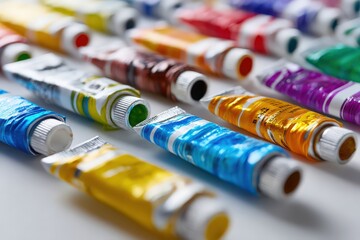 Obraz premium oil paint tubes arranged on white background in color order