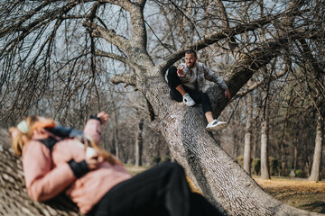 Two friends embrace an adventurous and playful time outdoors on a unique tree, surrounded by the...