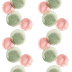 Cute dots seamless pattern with green and pink watercolor bubbles. Hand drawn circles background in dynamic,abstract graphics clipart for wallpaper, web,textile, fabric design