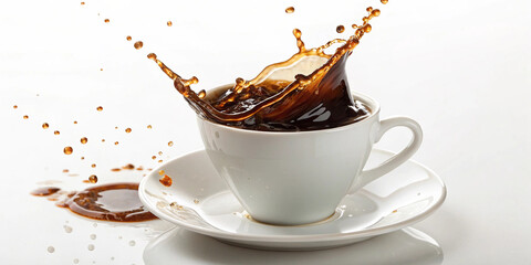 Liquid coffee pour and splash in a white cup on saucer a white background
