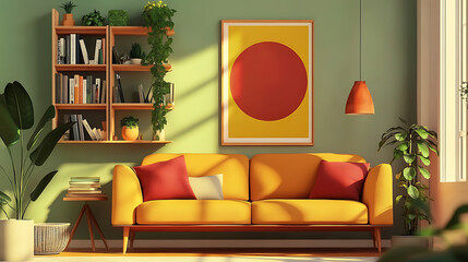 Modern living room with colorful interior, stylish designer furniture.