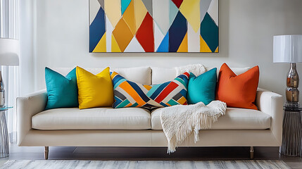 Modern living space featuring a light beige couch with colorful geometric pillows, a soft textured throw draped casually, and distinctive decor pieces.
