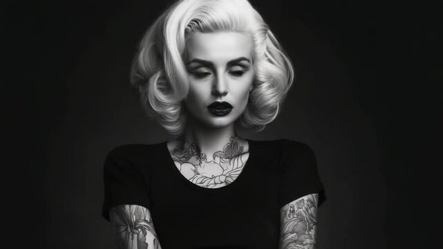 Woman with voluminous blonde curls wears a black top, her neck and arms adorned with intricate floral tattoos, posing confidently against a dark background in a classic black-and-white photo