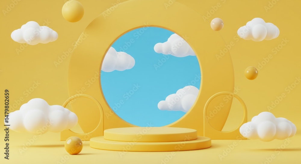 Poster cheerful yellow backdrop with clouds and display platform for product showcase