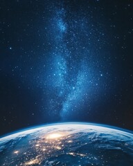 Image of Earth view from space showing city lights and the Milky Way galaxy in the night sky above in a vertical shot printed on Printed Glass Splashbacks