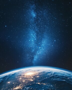 Earth view from space showing city lights and the Milky Way galaxy in the night sky above in a vertical shot