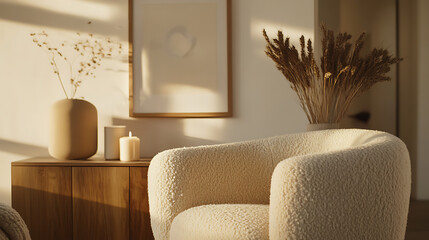 Neutral-toned interior featuring boucle armchair, simple wooden console.