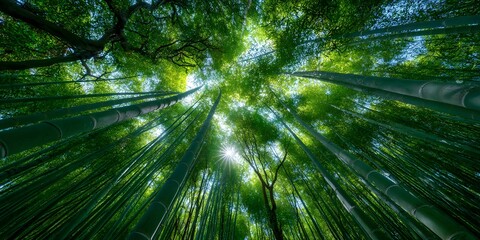 Dense bamboo forest from below: tall green stalks reach skyward. Sunlight filters through canopy, making bright sunburst, illuminating lush green leaves.