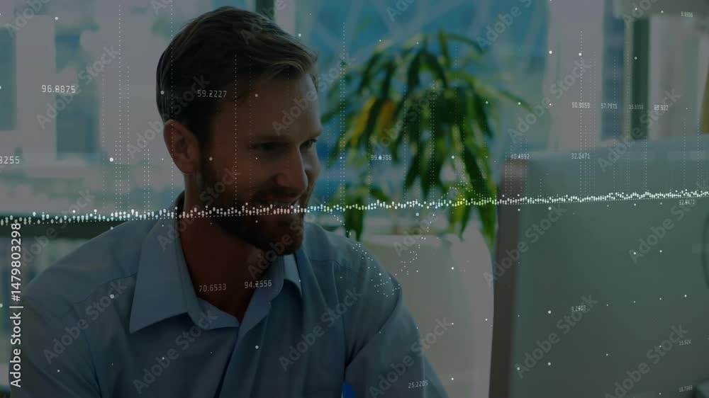 Poster male office worker analyzing data on computer desk near plant, with floating numeric readouts