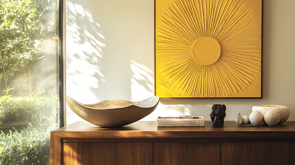 Sophisticated corner vignette with a vibrant yellow sunburst artwork, minimal modern sculptures, and rich wood elements.