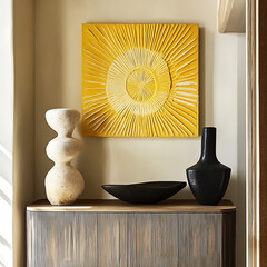 Stylish modern corner space featuring a radiant yellow sunburst print, abstract sculptures on a wooden console.