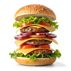 A delicious burger, topped with various ingredients, on white background
