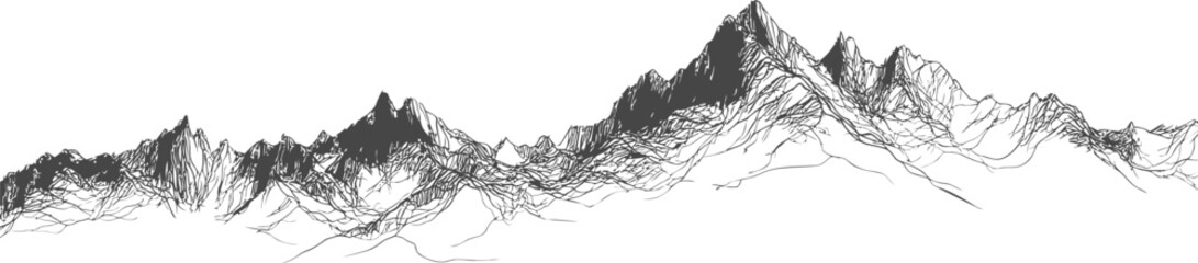 Line art of detailed mountain range in black and white, minimalist landscape. Vector illustration