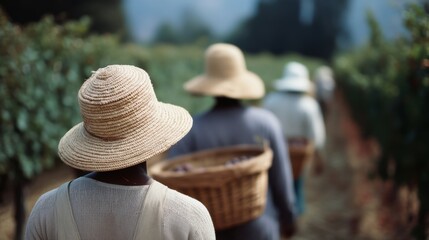 Workers in wide-brimmed hats walk between vineyard rows, baskets filled with freshly harvested grapes.