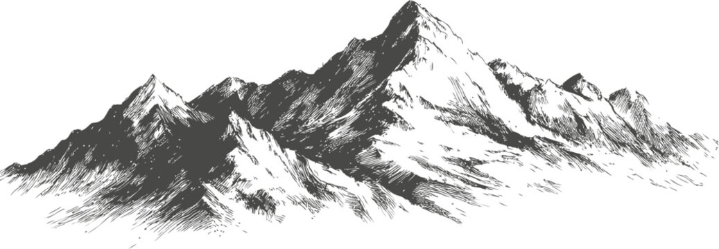 Black and white sketch of majestic mountain range with detailed peaks. Vector illustration