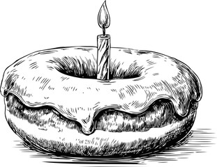Illustration of a donut with icing and candle in black and white drawing style. Vector illustration
