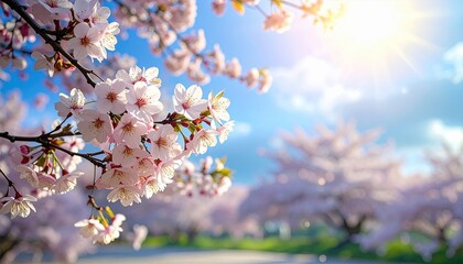 Fototapeta premium Sakura blossoming. Horizontal banner with sakura flowers of pink color on sunny backdrop. Beautiful nature spring background with a branch of blooming sakura. 