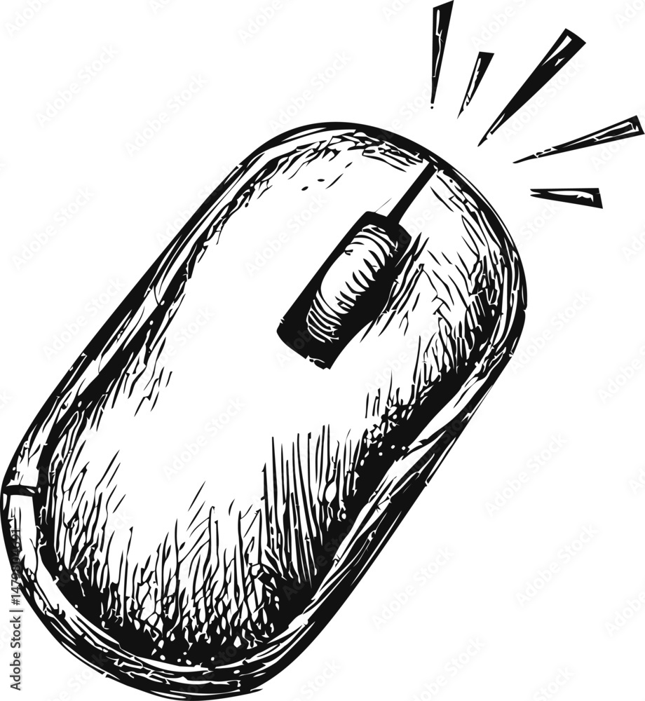 Poster black and white sketch of a computer mouse emitting dynamic lines. vector illustration