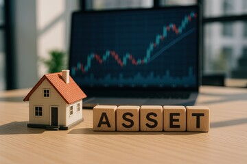 Miniature house beside wooden blocks spelling 'ASSET', financial chart in background, modern office setting, natural shadows