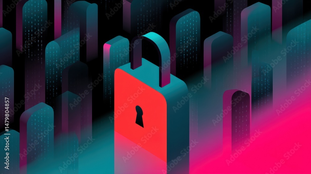 Poster a large padlock stands among digital data columns, symbolizing cybersecurity and data protection in 