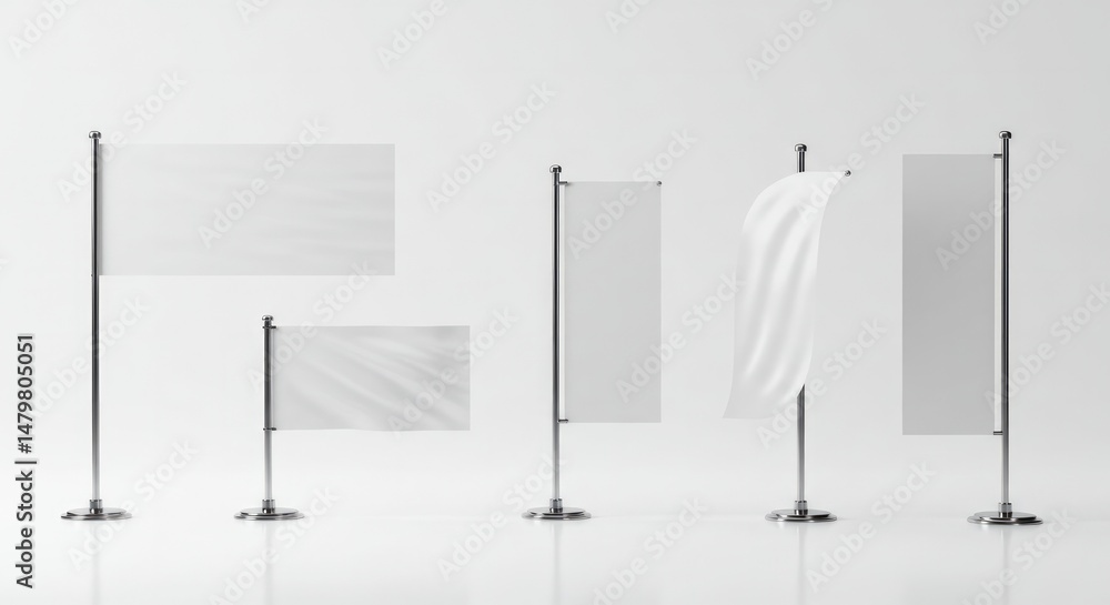 Poster collection of blank banner flags on stands perfect for custom design mockups