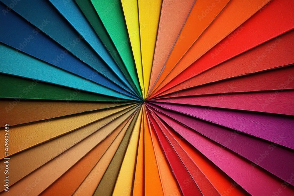 Poster spectrum of colorful paper swatches radiating from center point abstract design top down view