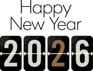 Happy New Year 2026 countdown design with retro flip clock numbers on black and white background