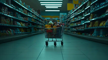 Empty Supermarket Aisles At Night With Shopping Cart