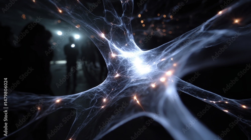Poster a neural structure emerges resembling a vast web with streams of shimmering light traveling along lu