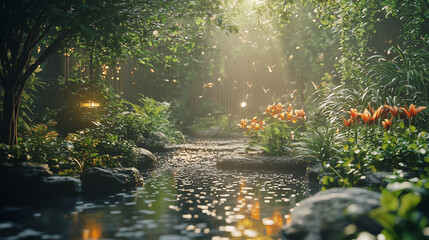 Fototapeta premium A sunbeam pierces through a lush forest canopy, illuminating a peaceful stone path lined with blooming orange flowers. This tranquil woodland scene represents serenity, connection with nature
