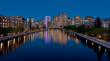 Naklejka premium Calgary Skyline Twilight Reflection with Bow River, and Alberta.