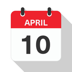 April 10 Daily Calendar. Red Theme on White Background
