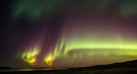 Stunning Aurora Borealis Display over Calm Night Landscape with Stars