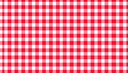 Red white checkered picnic tablecloth as background, top view
