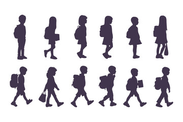 School Children Silhouettes, Kids Walking with Backpacks, Children Side Profile Silhouette, School Kids Standing and Walking, Backpack Kids Silhouettes Clipart Vector Illustration.