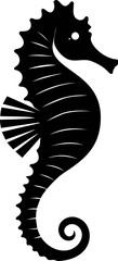 Black and white silhouette of a seahorse with intricate line details. Vector illustration