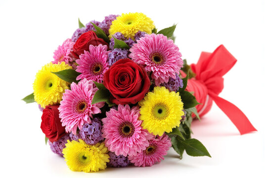 bouquet of red and yellow flowers on a white background