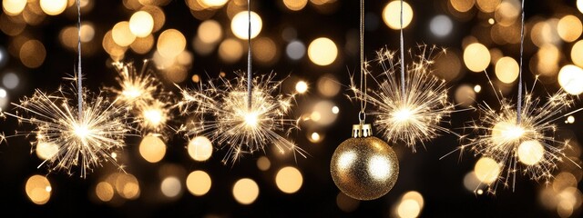 Sparkling Christmas decorations against a backdrop of warm, golden lights
